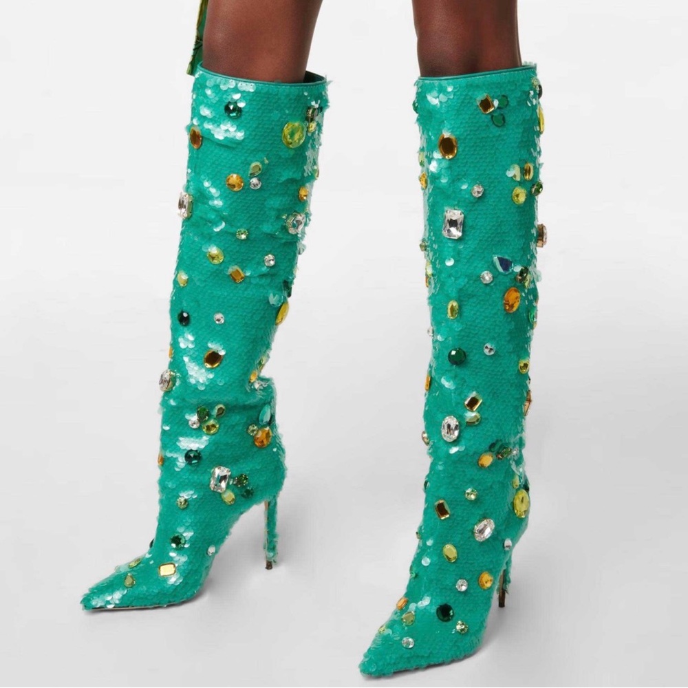 Embellished Turquoise (Greenish) Knee-High Boots 9